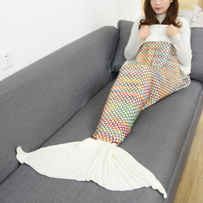 恋名媛定制            美人鱼毯子毛毯毛线针织 彩色网格钩针沙发盖毯空调毯生日礼物