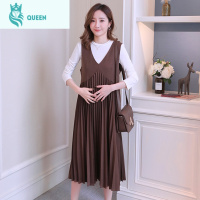 恋名媛孕妇装春秋长袖长款背心裙两件套2021新款时尚大码宽松连衣裙套装孕妇裙