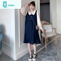 恋名媛k春秋孕妇装2021春装新款时尚假两件大码连衣裙女开扣哺乳中长款孕妇裙