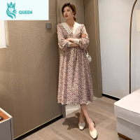 恋名媛2021春装新款孕妇连衣裙时尚气质V领蕾丝花边孕妇雪纺碎花长裙潮孕妇裙