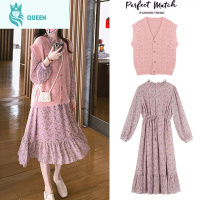 恋名媛大码孕妇套装春秋新款外出潮妈时尚款碎花连衣裙针织马甲两件套裙孕妇裙