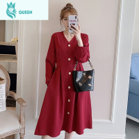 恋名媛赫本风孕妇连衣裙春秋长袖红色裙子洋气长款收腰遮肚子显瘦上衣潮孕妇裙