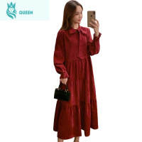 恋名媛孕妇装春装连衣裙宽松上衣新款复古娃娃裙加肥加大灯芯绒过膝长裙孕妇裙