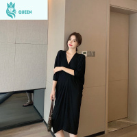 恋名媛夏季孕妇莫代尔V领连衣裙过膝气质性感宽松显瘦高级感洋气孕妇装孕妇裙
