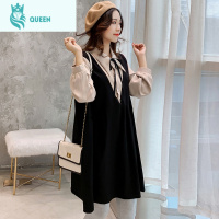 恋名媛春季新款翻领系带长袖拼接假两件孕妇连衣裙女韩版开扣哺乳中长裙孕妇裙