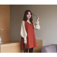 恋名媛网红洋气孕妇秋装套装时尚款春装潮妈外出两件套马甲+衬衣连衣裙孕妇裙