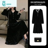 恋名媛孕妇连衣裙春秋赫本风黑色显瘦遮肚小个子潮妈春装金丝绒裙子春季孕妇裙