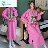 恋名媛春秋新款连帽长袖卡通印花长款孕妇卫衣裙女韩版宽松休闲连衣裙孕妇裙