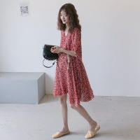 恋名媛孕妇夏天裙子碎花显瘦雪纺孕妇裙长裙 气质V领飘逸连衣裙辣妈裙孕妇裙