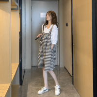 恋名媛孕妇夏装时尚套装 韩国春秋装休闲衬衫上衣+格子孕妇背带裤两件套孕妇套装孕妇装