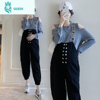 恋名媛孕妇装秋款套装外出时尚款韩版洋气减龄网红遮肚背带裤潮妈两件套