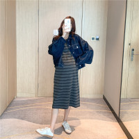 恋名媛孕妇春装套装时尚款 韩国休闲牛仔外套+条纹针织打底裙两件套辣妈孕妇装