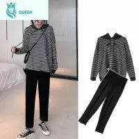 恋名媛Angel妈咪~孕妇秋装套装时尚款条纹连帽套头卫衣两件套高腰直筒裤孕妇装