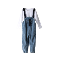 恋名媛孕妇背带裤春秋款长裤白色长袖两件套孕晚期宽松款百搭时尚款套装孕妇装