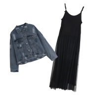 恋名媛孕妇春装套装牛仔外套网纱裙外穿时尚款2021新款潮妈连衣裙两件套孕妇装