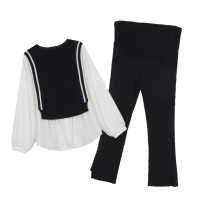 恋名媛孕妇春装网红套装针织拼接娃娃衫2021春新款洋气上衣小脚九分裤潮孕妇装