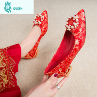 恋名媛秀禾鞋结婚鞋女2021年新款红色新娘鞋孕妇粗跟中式平底敬酒高跟鞋孕妇鞋