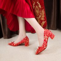 恋名媛秀禾鞋结婚鞋女2020年新款红色新娘鞋孕妇粗跟中式平底敬酒高跟鞋孕妇鞋