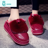 恋名媛增高跟棉拖鞋女秋冬室内居家用加绒室外穿厚底防滑PU毛月子鞋孕妇鞋
