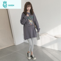 恋名媛孕妇T恤中长款棉长袖上衣破洞休闲春装2021新款宽松孕妇装卫衣孕妇上衣