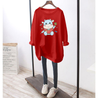 恋名媛孕妇打底上衣春秋季韩版内搭外穿印花牛红色长袖t恤中长款春装潮T孕妇上衣孕妇装