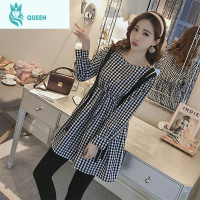 恋名媛孕妇格子衬衫上衣娃娃衫长袖棉连衣裙孕妇秋季套装小个子两件套孕妇上衣孕妇装