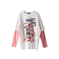 恋名媛孕妇T恤假两件印花小熊减龄款宽松潮妈外穿 春装孕妈棉长袖上衣孕妇上衣孕妇装