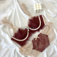 YUNWUXIN法式性感大胸显小超薄蕾丝套装内衣女收副乳防下垂软钢圈聚拢胸罩文胸套装