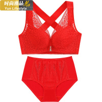 YUNWUXIN大红色内衣套装本命年女无钢圈聚拢结婚新娘前扣大码文胸胖mm内裤文胸套装