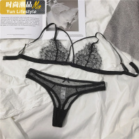 YUNWUXIN超薄透明睫毛蕾丝三角杯内衣性感欧美诱人绑带文胸单排扣美背胸罩胸罩