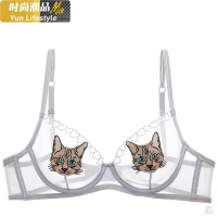 YUNWUXIN透明胸罩透透明女胸罩蕾丝刺绣性感内衣超薄款动漫卡通猫咪文胸胸罩
