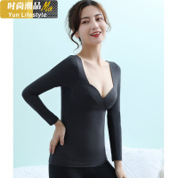 YUNWUXIN薄款保暖内衣女秋衣内穿长袖打底衫低领紧身美体单件上衣棉带胸垫胸罩