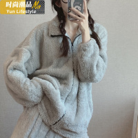 YUNWUXIN韩国珊瑚绒情侣睡衣女秋冬加厚保暖黑色法兰绒毛绒家居服可外穿睡衣