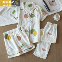 YUNWUXIN日系三件套睡衣短袖棉纱布春夏季棉女款薄短裤长裤家居服套装睡衣