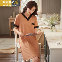 YUNWUXIN莫代尔棉睡裙女夏天薄款V领睡衣裙春秋短袖性感2021年新款家居服睡衣