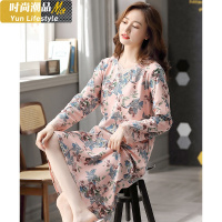 YUNWUXIN睡裙女春秋棉长袖秋季棉长款过膝中年妈妈秋冬薄款睡衣连衣裙睡衣