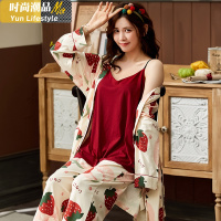 YUNWUXIN胖mm睡衣女三件套春秋棉长袖大码200斤性感吊带家居服系带套装睡衣