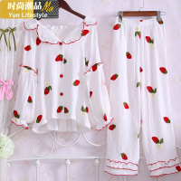 YUNWUXIN春秋新款草莓甜美可爱公主宫廷风棉性感家居服女式棉睡衣套装睡衣