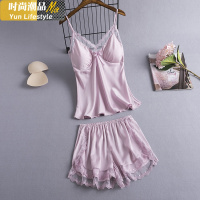 YUNWUXIN睡衣女夏季薄款冰性感吊带短裤睡衣两件套装带胸垫甜美家居服睡衣