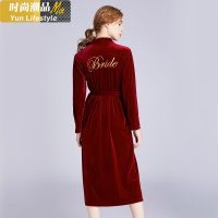 YUNWUXIN晨袍女新娘红色睡衣结婚睡袍中长款金丝绒开衫浴袍女春秋性感伴娘睡衣