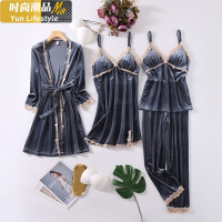 YUNWUXIN金丝绒睡衣女秋冬四件套装带胸垫吊带性感睡裙春秋长袖长裤家居服睡衣