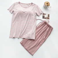 YUNWUXIN带胸垫睡衣 免穿文胸女士夏季薄款莫代尔短袖短裤条纹套装家居服睡衣