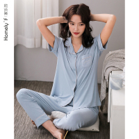 YUNWUXIN睡衣女士夏季莫代尔棉绸短袖长裤家居服女式夏天薄款大码两件套装睡衣