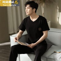 YUNWUXIN男士睡衣夏季棉短袖长裤家居服春夏天薄款半袖黑色休闲套头男款睡衣