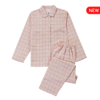 YUNWUXIN无印日式良品 棉无侧缝双层纱睡衣格子女士棉男士家居服套装睡衣