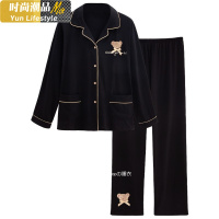 YUNWUXIN2020新款春秋长袖睡衣女可外穿日系棉简约酷黑小熊情侣宽松睡衣睡衣