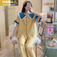 YUNWUXIN可外穿棉睡衣女春秋季短袖长裤开衫夏薄款甜美套装家居服娃娃领睡衣