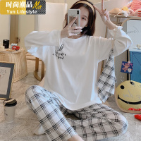 YUNWUXIN长耳兔布袋睡衣女春秋季长袖格子裤棉套装学生夏秋冬家居服清新睡衣