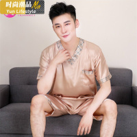 YUNWUXIN睡衣男短袖夏季翻领睡衣丝质V领男士夏天冰丝短裤薄款家居服睡衣