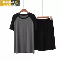 YUNWUXIN2020夏季男士睡衣 休闲弹力莫代尔短裤短袖圆领拼色家居服睡衣